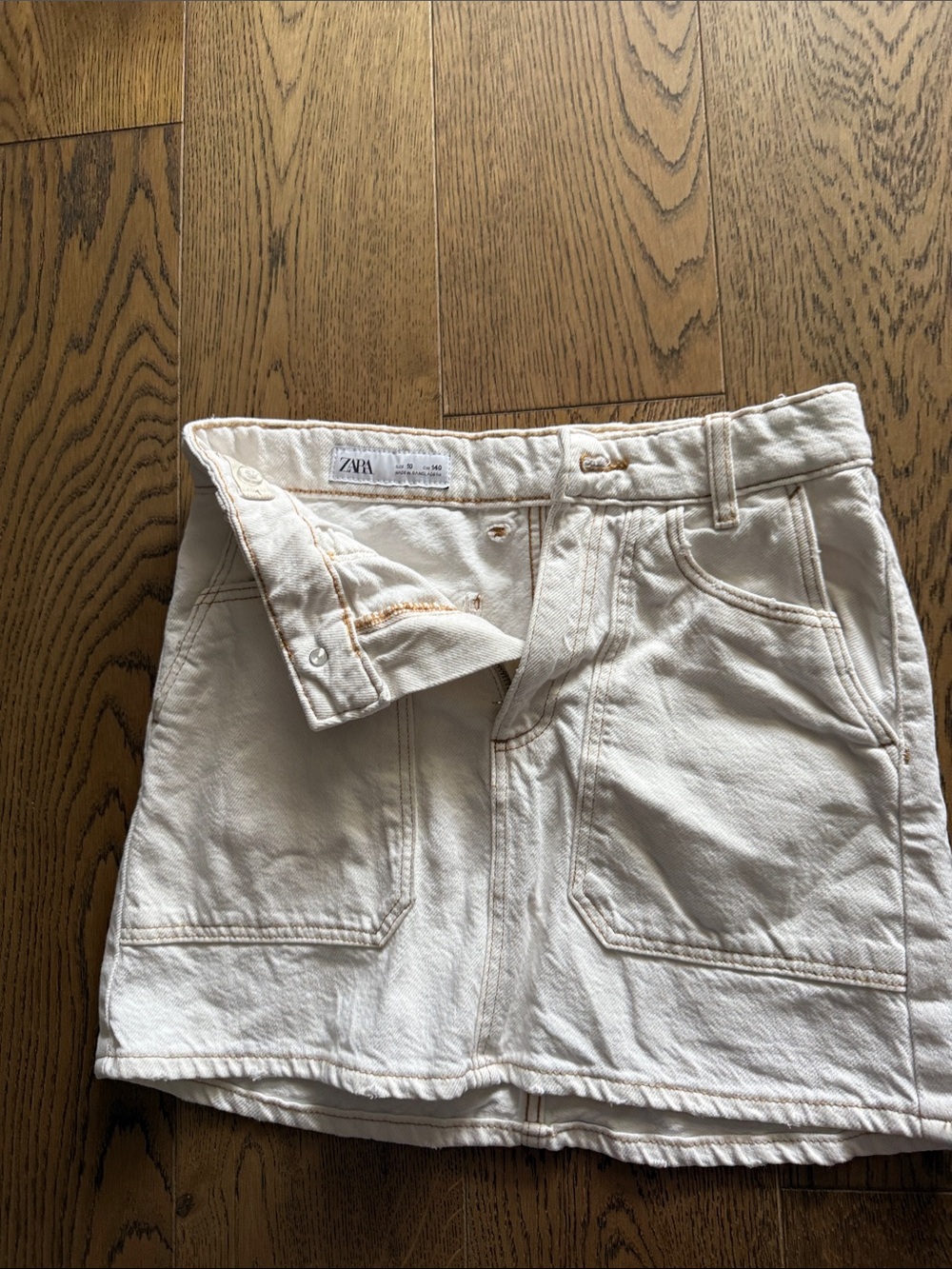 Zara Cream Girl’s Denim Skirt- Front Pocket Utility Style